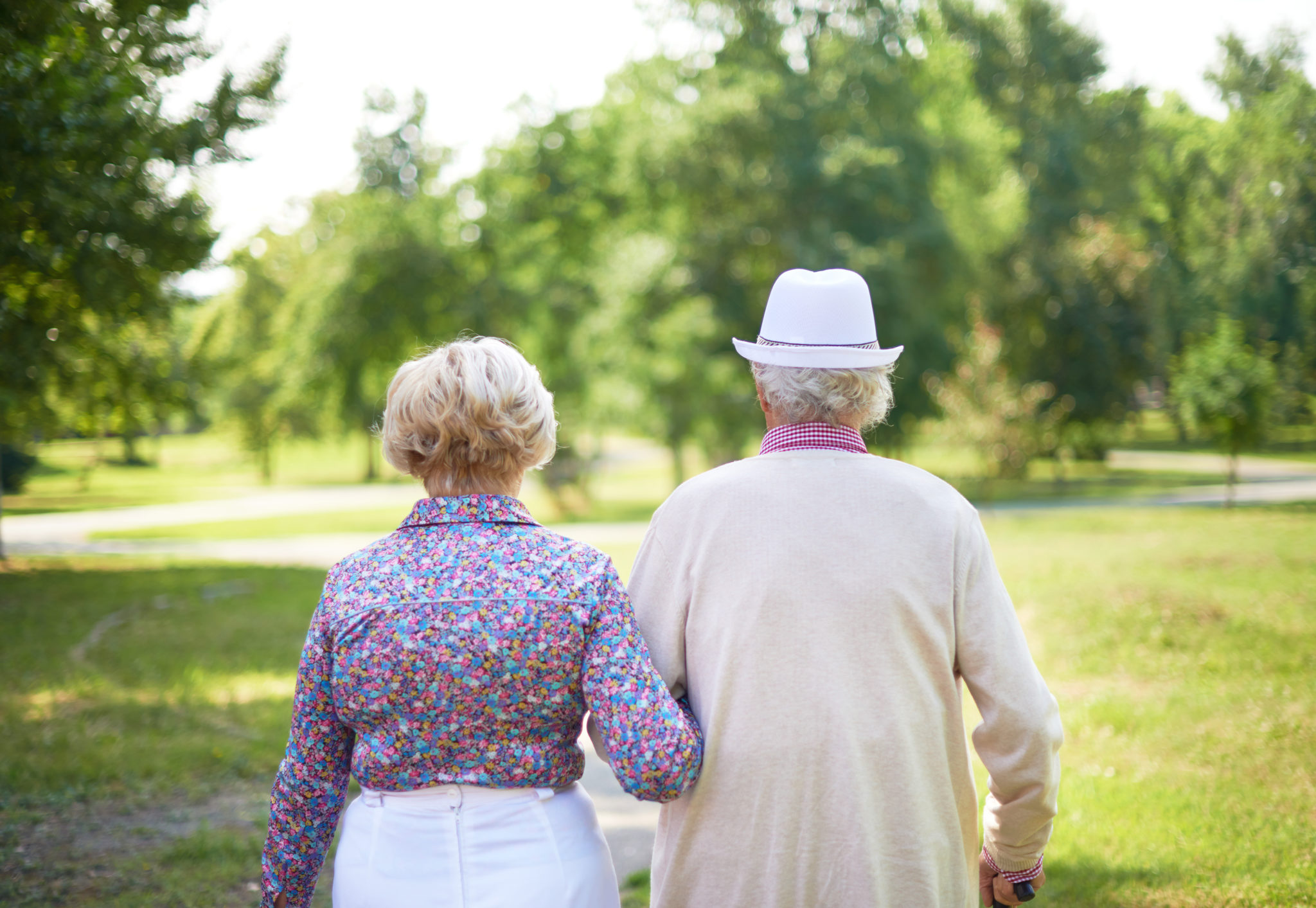 Photo from behind an old couple, linking arms, walking through an open field