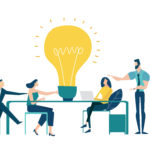 Illustration of a team of professional people talking in a meeting, with a giant light bulb in the middle, representing a shared idea.